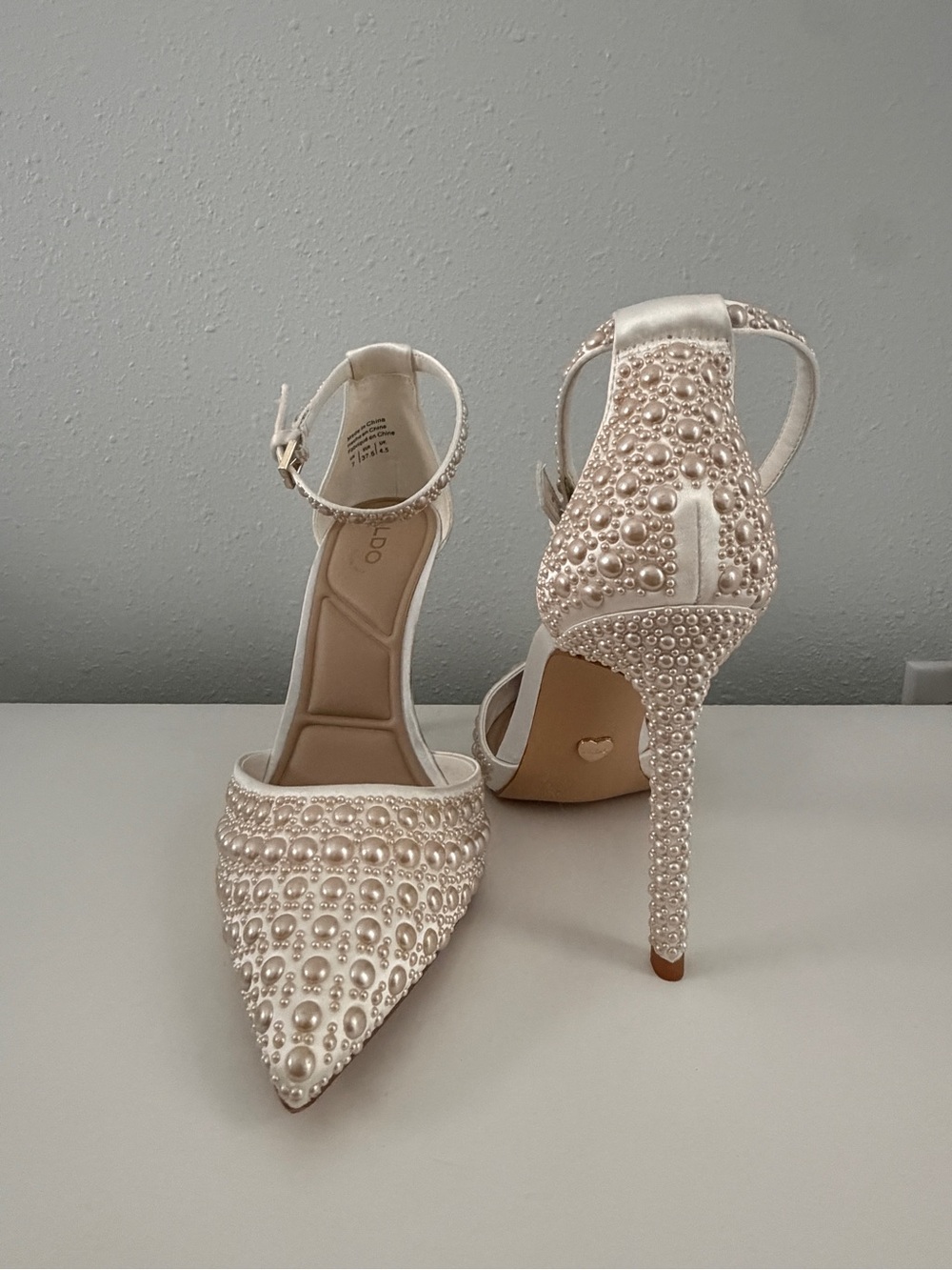 ALDO Ivory Pearl & Crystal Pointed Toe Ankle Strap Heels